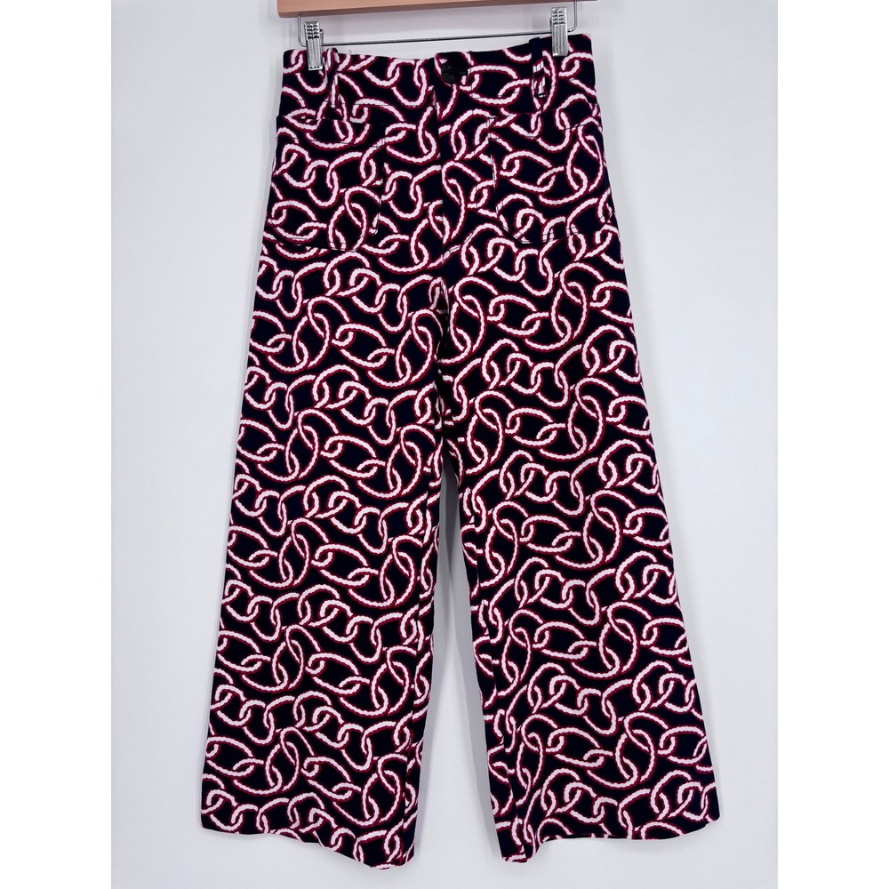 Maeve The Colette Pants Womens 28 Navy Blue Red Chain Link Wide Leg Cropped Pant